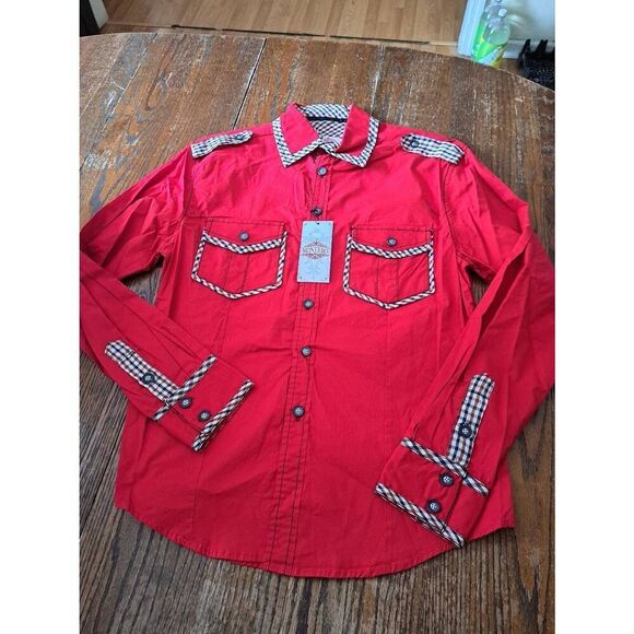 New Large Montero Jeans Red Black Cream Brown Long Sleeve Western Rodeo Shirt - Picture 1 of 3
